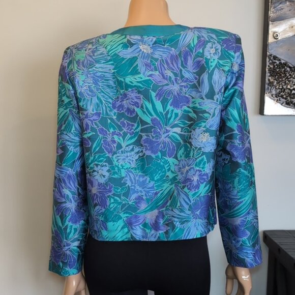 Vintage 80s Asian Blazer Jacket Satin Floral Frog Button Mandarin Collar Teal - Picture 5 of 11